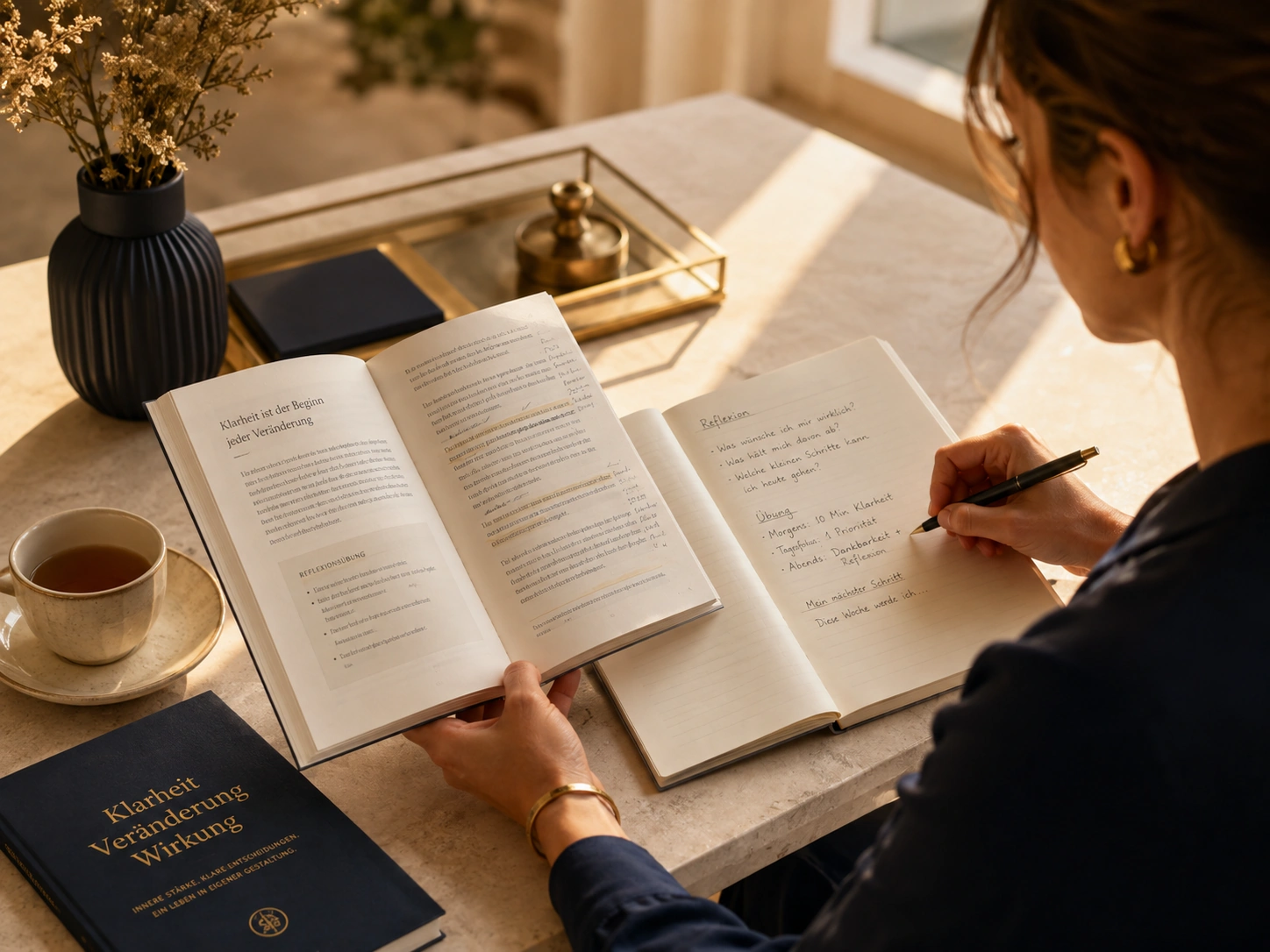 Person arbeitet mit dem Buch „Veränderung beginnt mit dir“ und notiert Reflexionen.